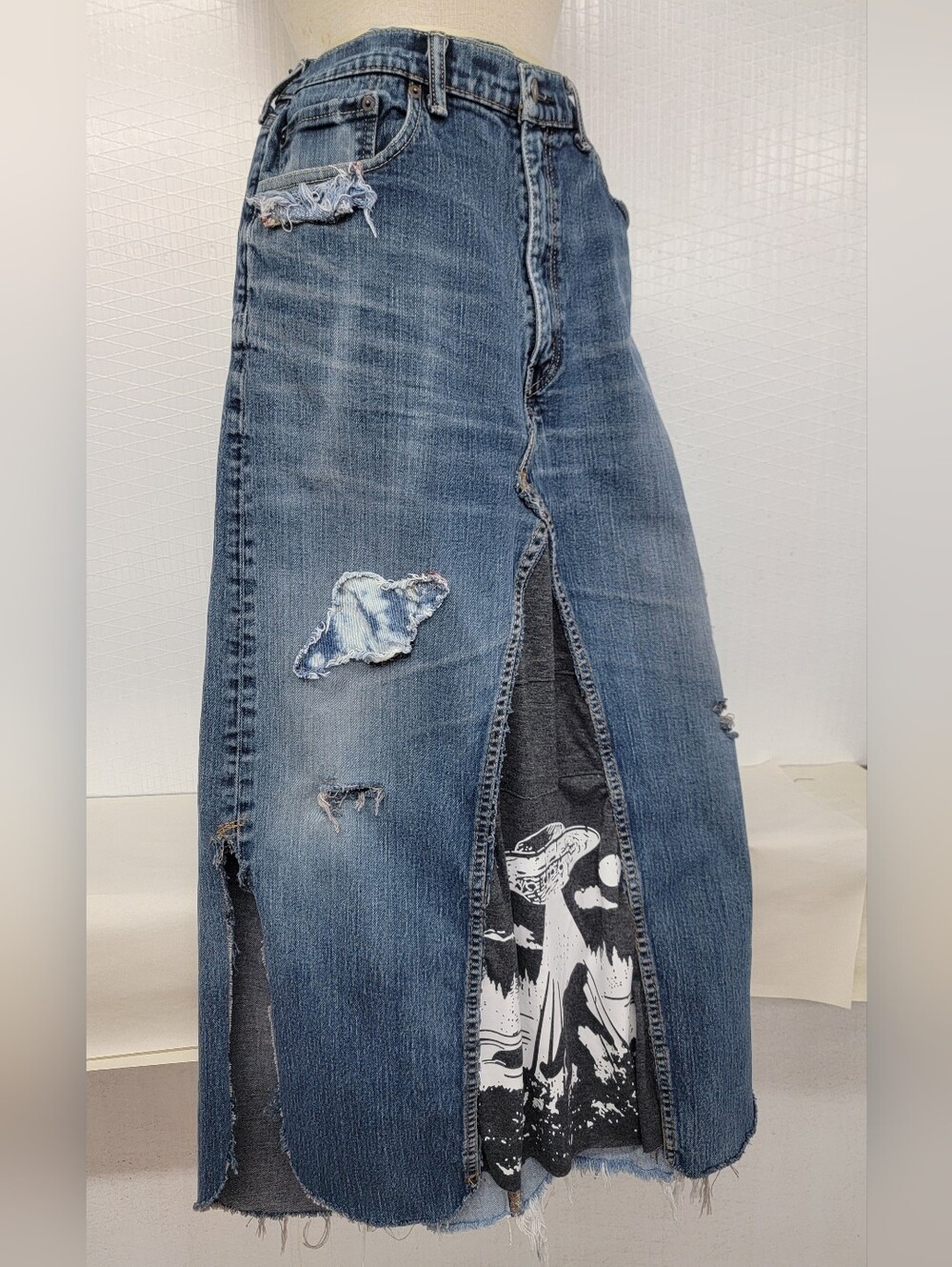 Custom Upcycled Levi's Denim Skirt with Alien Abduction Graphics